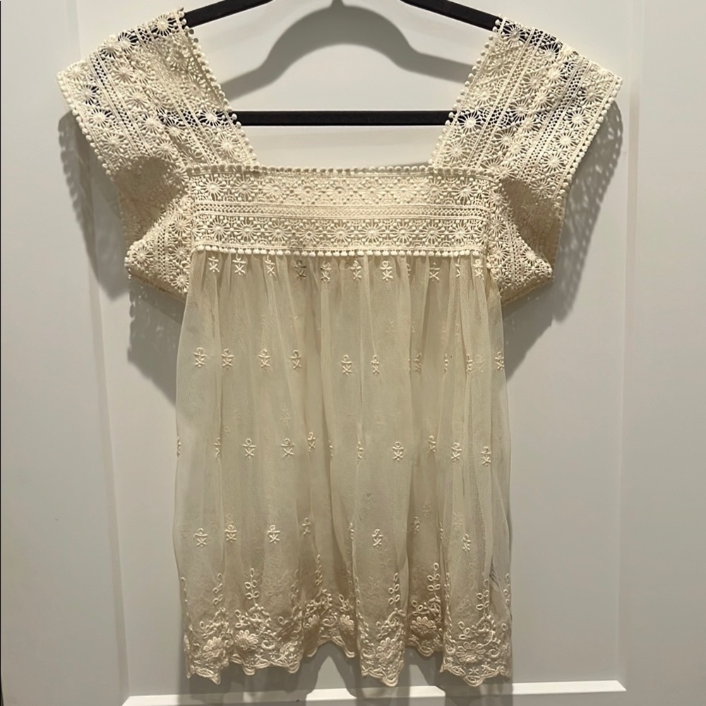 Rebellion Cream Flutter Sleeve Blouse with Bib Collar
